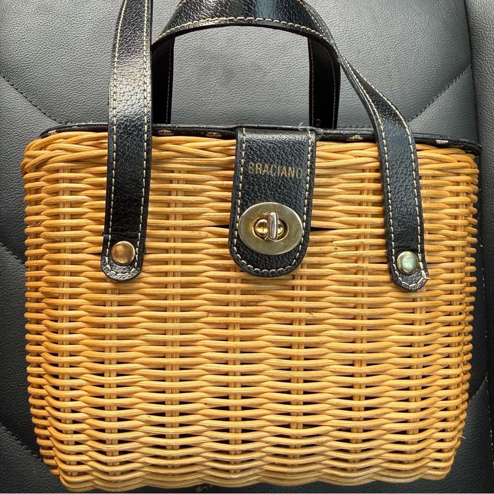 Braciano Black Wicker Basket Handbag Accents Polka Dot Lining